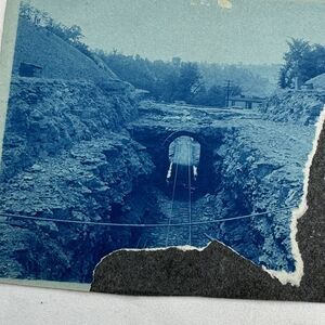 Cyanotype Antique Photos x2 Building The Railroad New Tunnel Working On Bridge